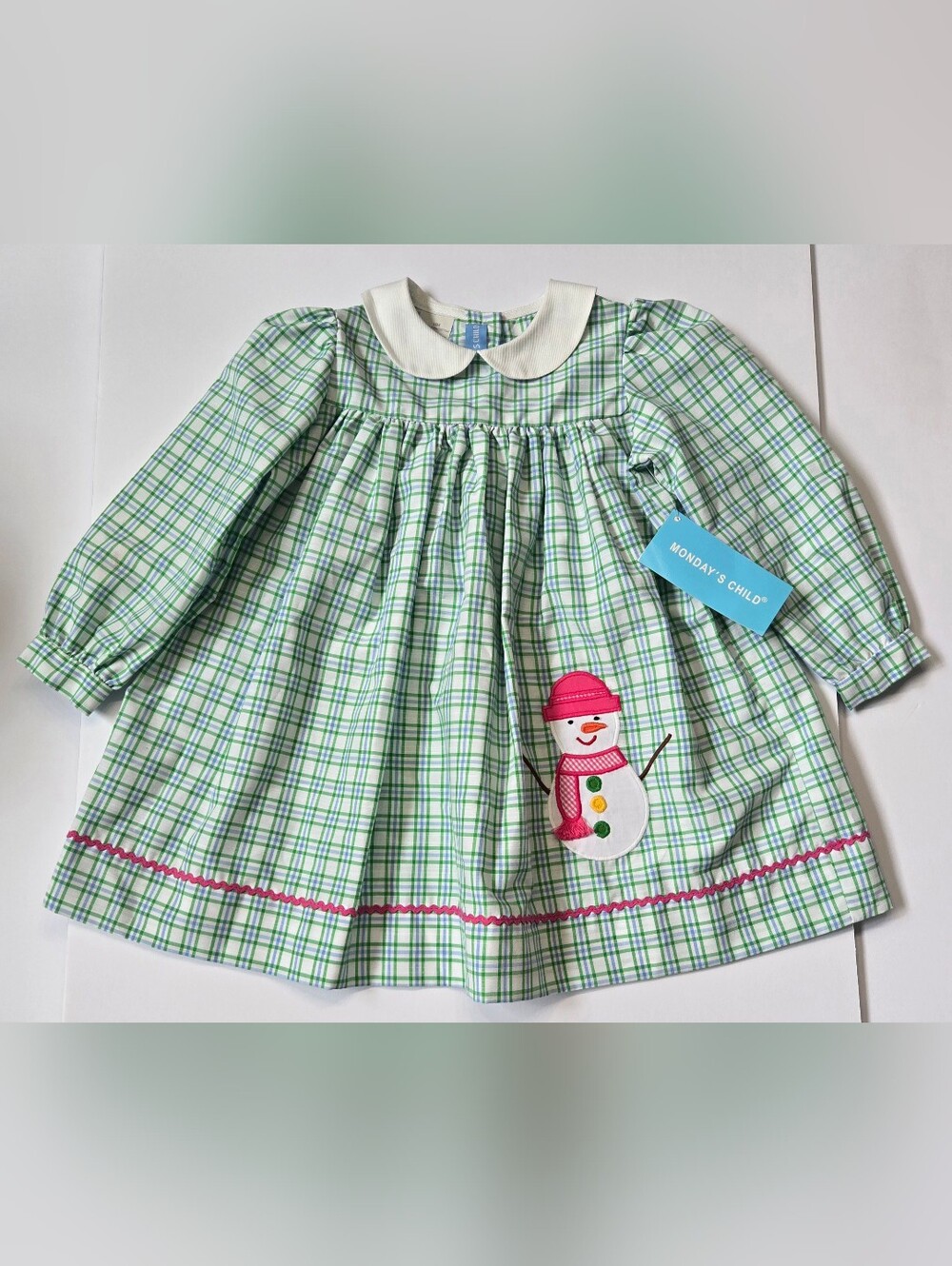 Monday's Child Green Plaid Dress with Snowman Applique